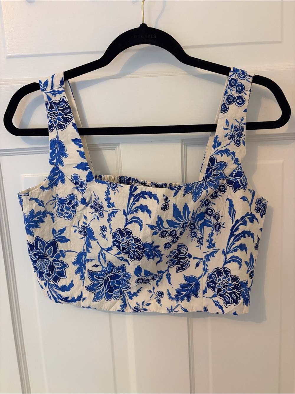 Mango White Crop Top with Blue Floral Toile